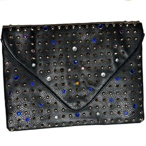Bebe 2Be Black Faux Leather Studded Jeweled Clutch Evening Bag